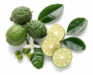 Fresh kaffir lime fruits leaves and flower on white background