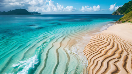 A serene tropical beach with turquoise water and white sand under a clear blue sky