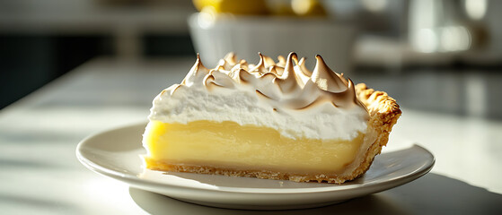 A slice of lemon meringue pie with a golden-brown toasted meringue topping, served on a white plate.