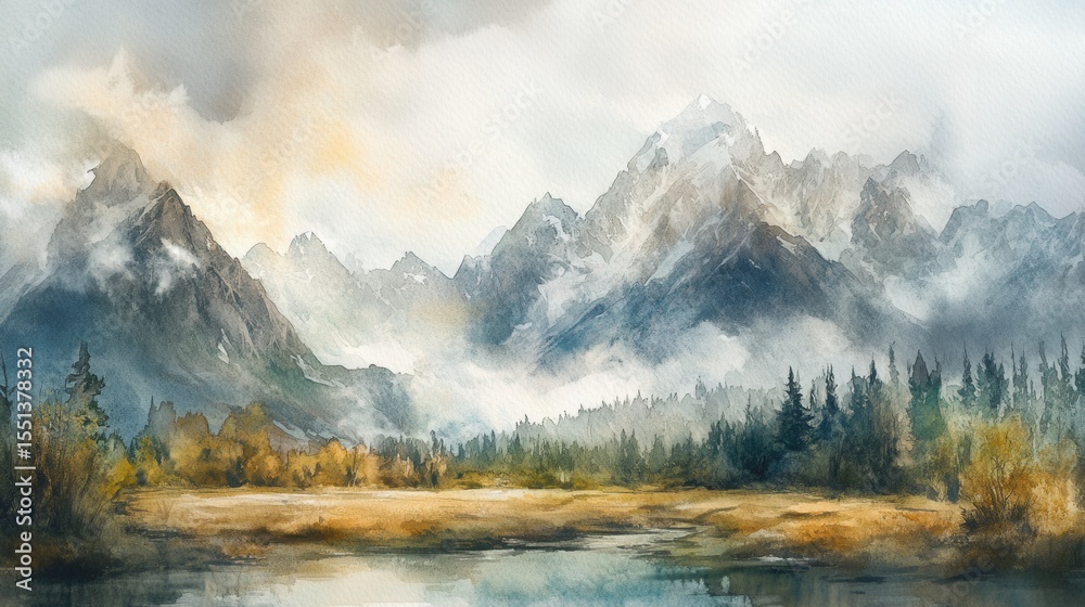 Poster majestic mountain range with calm lake and coniferous trees