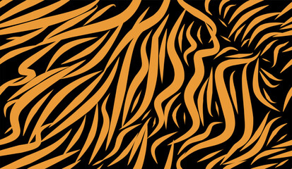 Zebra tiger stripe seamless pattern in orange and black abstract vector. Ideal for animal print designs, fabric, backgrounds, wallpapers, fashion, and wild-themed illustrations.