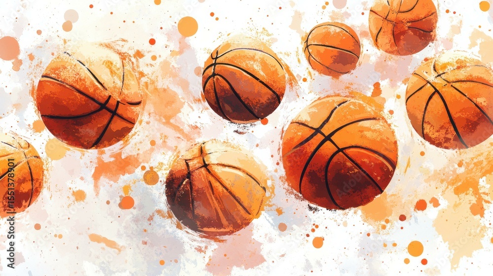 Poster seven basketballs floating in mid-air against abstract background