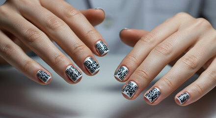 Creative manicure with scannable QR code nail art. Modern black and white design on short nails, a concept for the digital age, linking beauty with technology, information, and online identity.