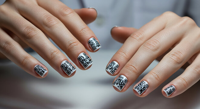 Creative manicure with scannable QR code nail art. Modern black and white design on short nails, a concept for the digital age, linking beauty with technology, information, and online identity.