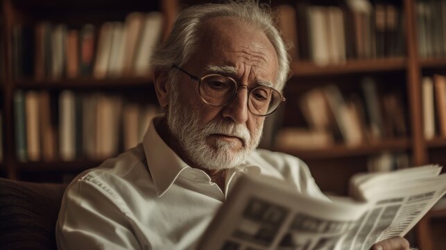 Elderly Caucasian man reading newspaper in library, daytime - Powered by Adobe