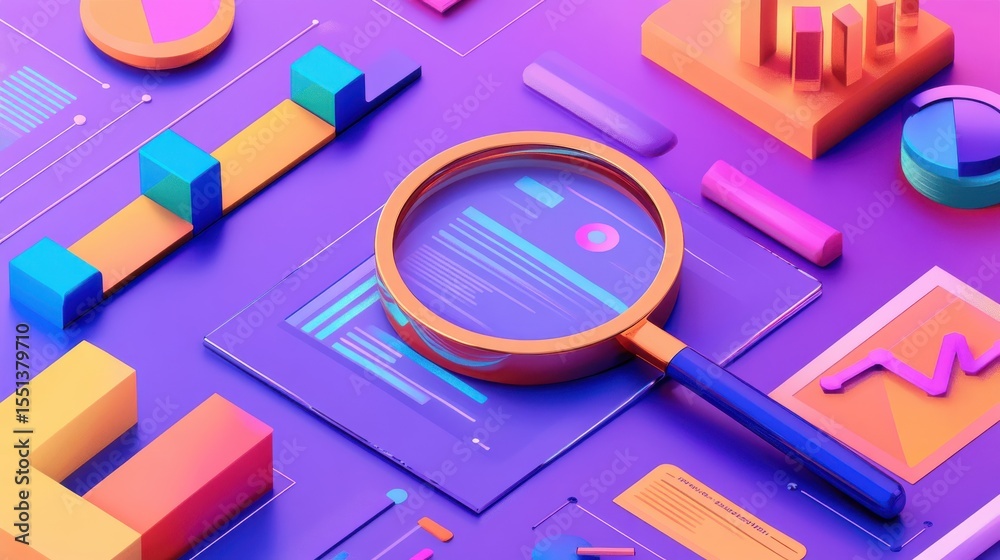 Poster magnifying glass over charts and documents for data analysis