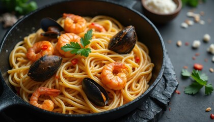 Delicious spaghetti with shrimp and mussels on dark background