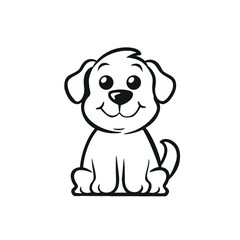Cute Cartoon Puppy Sitting, Black and White Line Art