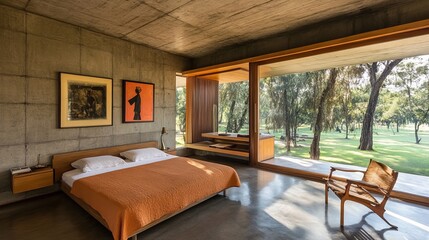 Fototapeta premium Modern bedroom with exposed concrete walls, large windows showcasing a lush green landscape, and mid-century modern furniture