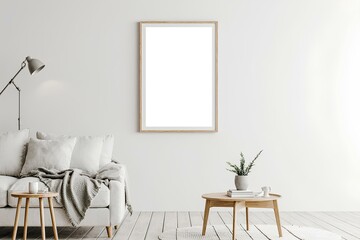 Blank picture frame mockup on white wall. White living room design. View of modern scandinavian style interior with artwork mock up on wall. int&eacute;rieur, minimal, designe, photo, encadrement, 