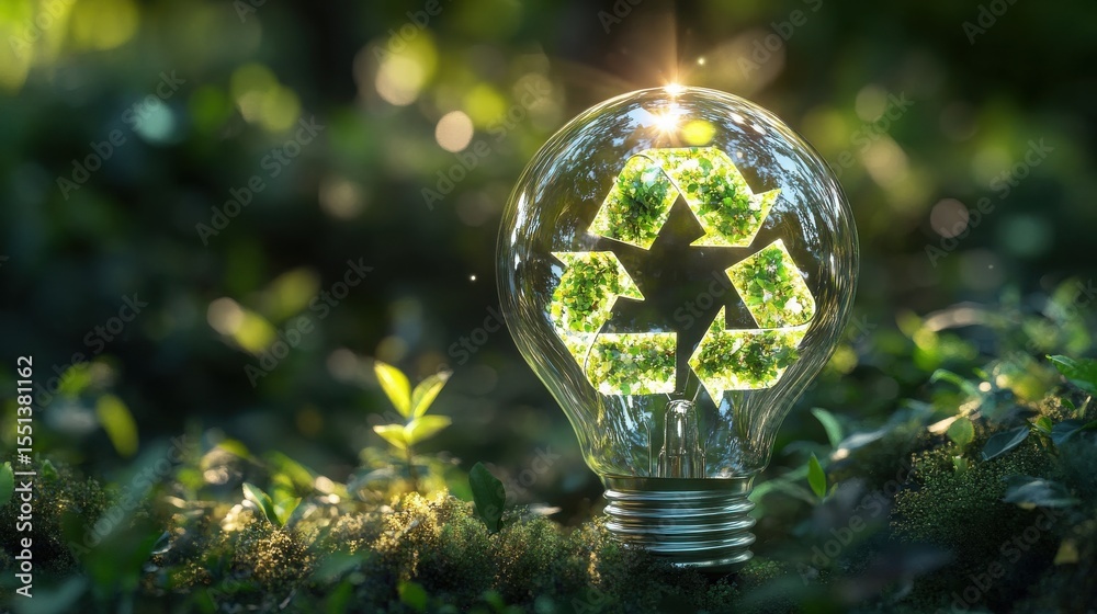 Poster lightbulb with recycle symbol made of leaves in forest