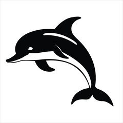 A silhouette black and white dolphin on white background