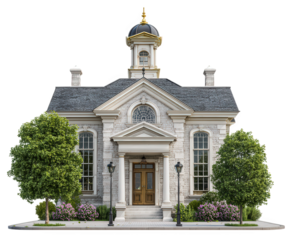 Classic school building icon with white stone facade, arched windows, central entrance, cupola, and lush landscaping, evoking welcoming and traditional educational atmosphere