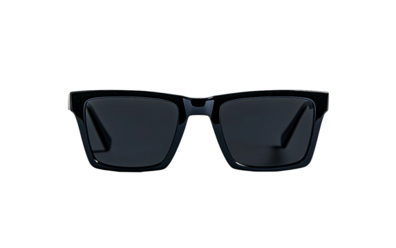 Minimalist depiction of rectangular black sunglasses with a sleek and modern frame emphasizing bold design aesthetics isolated on transparent background PNG