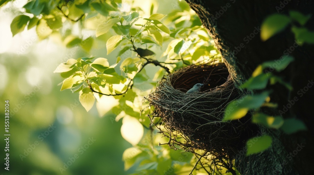 Poster Bird resting in nest on tree branch in forest during daytime