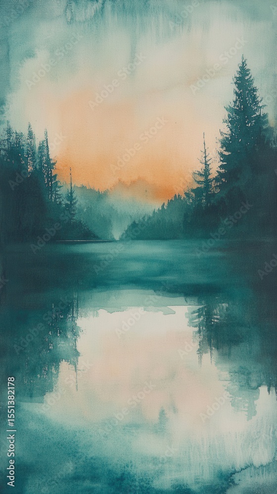 Poster serene reflection of trees in calm lake during sunset