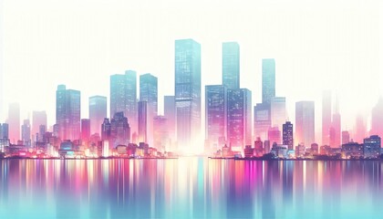 Colorful cityscape skyline reflecting in the water at daytime