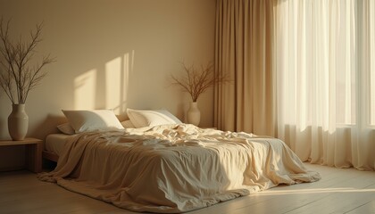 Serene bedroom with beige linen bedding and minimalist decor