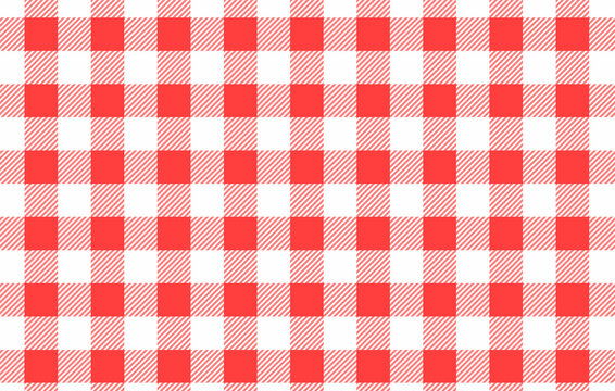 Classic red and white gingham checkered pattern background with diagonal stripes.