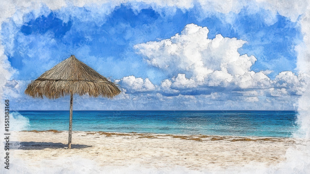 Aufkleber thatched umbrella standing on serene beach with ocean view