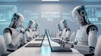 A call center staffed by humanoid robots, each wearing a headset and working with notebooks