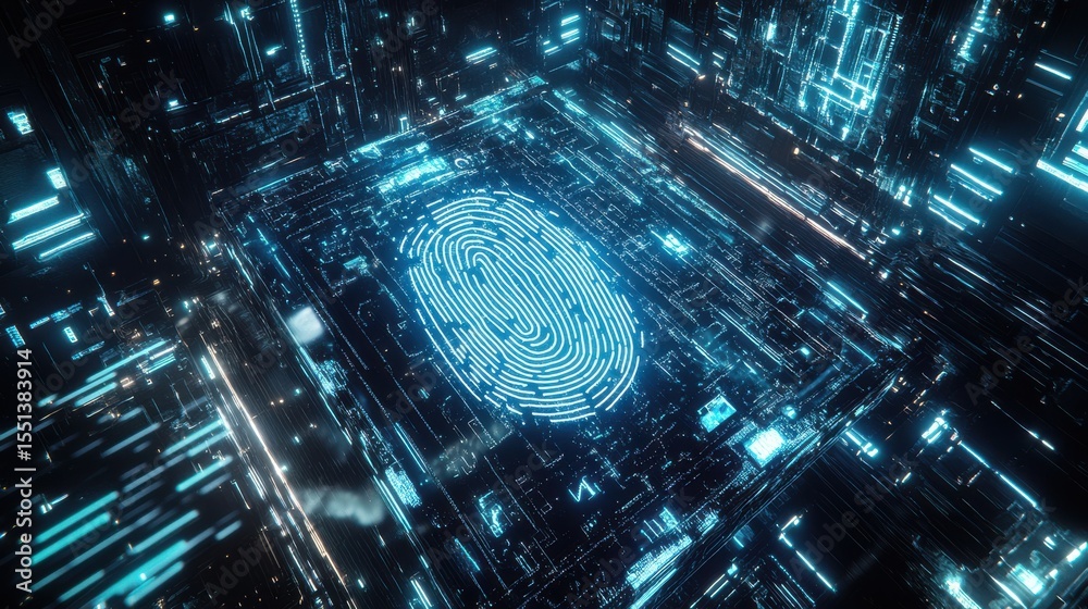 Poster Glowing digital fingerprint on circuit board in futuristic setting