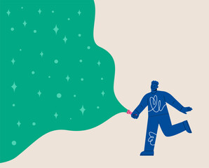 Man holding a flashlight shines. Concept of searching. Colorful vector illustration