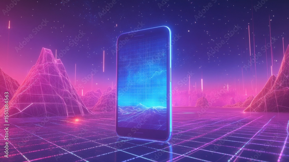 Poster smartphone displaying vibrant graphic in outer space landscape