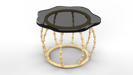Glass Top Table. Wooden Base. Isolated. White background. 3d render