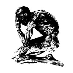 Skinless human figure kneeling, lost in the oblivion of thought.  Defined and with halftone effect
