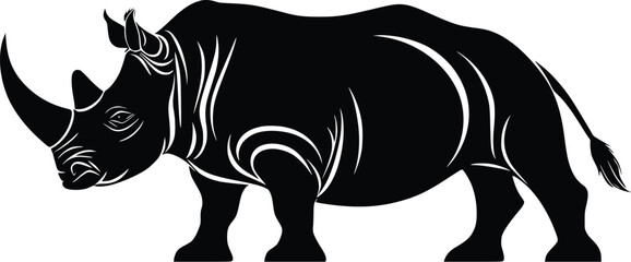 Obraz premium Rhino silhouette illustration, editable vector graphic, black and white, strong, powerful animal, wildlife, nature, African animal, side view, detailed, stylized,
