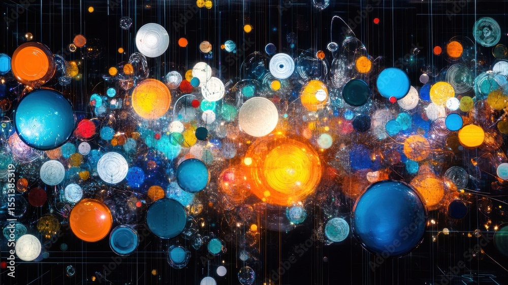Poster abstract floating spheres in vibrant digital environment