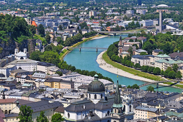 Salzburg old town cityscape, view from Hohensalzburg fortress, Salzburgerland, Austria