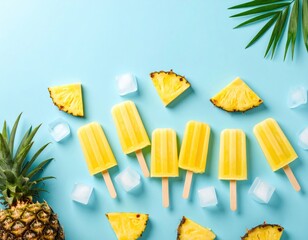 Pineapple ice pops with pineapple slices and ice cubes on a blue background