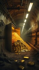 A massive gold hoard spills from a vault deep within a dimly lit, subterranean tunnel.