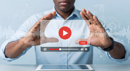 Man Presenting Live Video Content on Transparent Screen