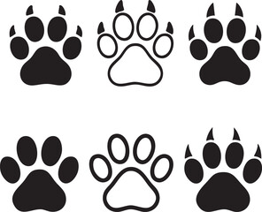 Collection of six stylized animal paw prints in black and white outline and solid fill