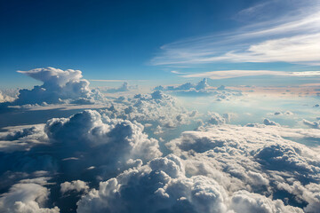 Fototapeta premium Breathtaking aerial view above a sea of white, fluffy clouds. A beautiful cloudscape under a vast, clear blue sky, seen during a flight on a sunny day generative ai