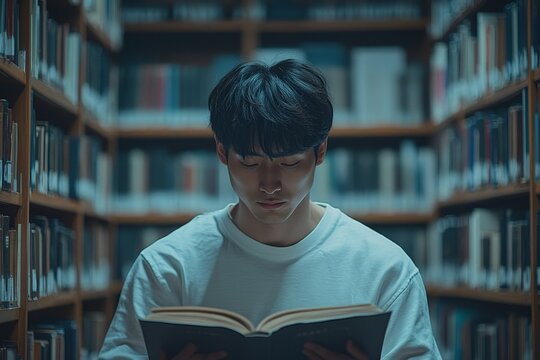 Male Asian student studying and reading a book in a quiet library, focusing on his studies., Generative AI