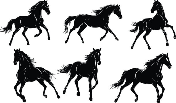Six galloping horse silhouettes: editable vector illustration set, isolated on white
