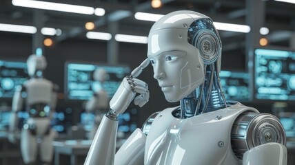 3D rendering of an android robot in a thinking pose, touching its head with a finger