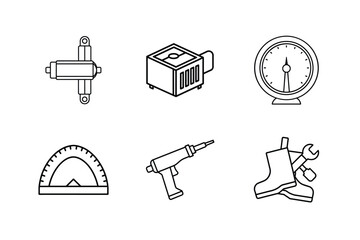 Collection of Line Art Icons for Industrial Equipment and Tools