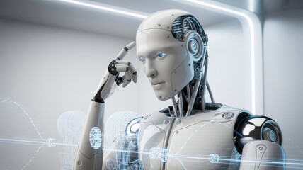 3D rendering of an android robot in a thinking pose, touching its head with a finger