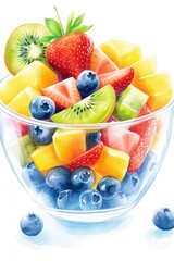 Refreshing fruit salad in glass with berries, kiwi, mango, and strawberries on watercolor background