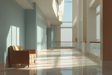 Fototapeta premium modern public space featuring smooth forms with accent colors highlighting relaxation areas captured in soft light