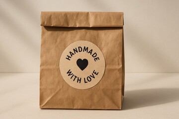 Brown paper bag with round label reading Handmade with love on neutral background, eco packaging branding concept