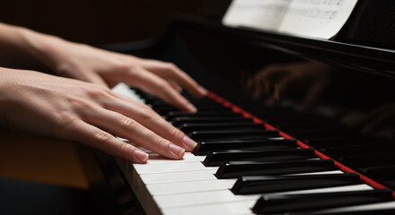 Obraz premium Elegant hands of a female pianist playing a grand piano. Close up on keyboard with sheet music. Concept for classical music, lessons, concerts, and artistic performance.