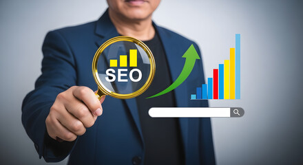 Man Showing SEO Optimization and Marketing Growth Strategy