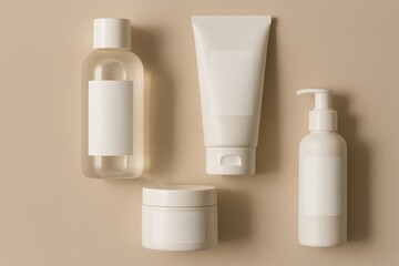 Cosmetic containers with blank labels on beige background. Flat lay mockup for skincare packaging and branding design