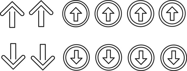 Up and down arrow icon set, outline style, navigation direction symbols, interface design arrows, black line circle arrows for web UI UX graphic